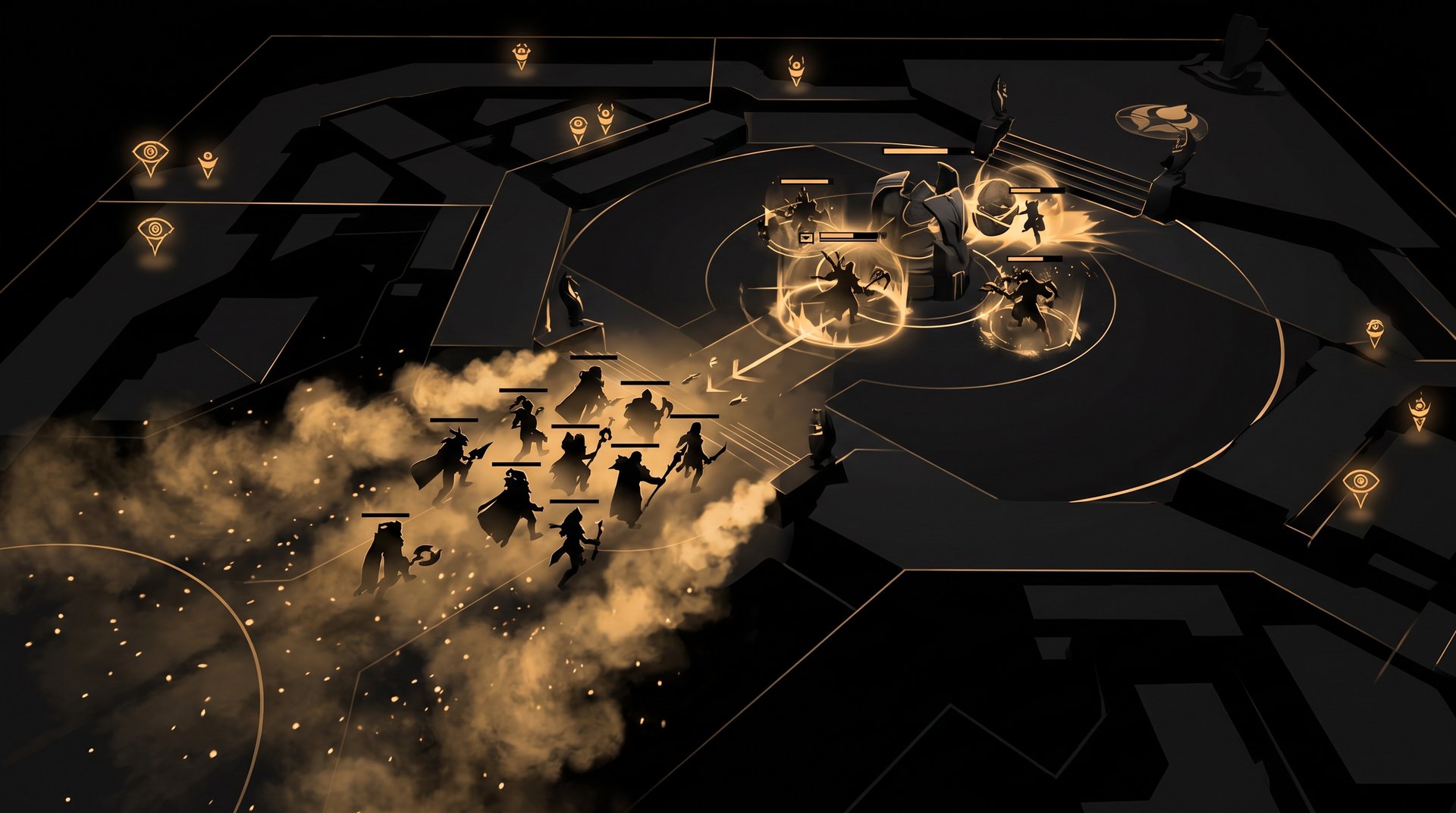 High-MMR Dota 2 teamfight setup with wards, smoke, and map control