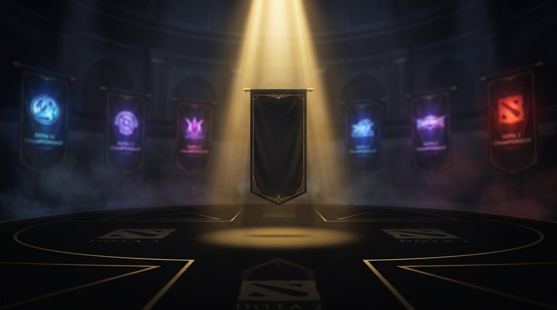 A dark Dota 2 championship stage with an empty champion banner symbolizing PARIVISION missing TI 2026