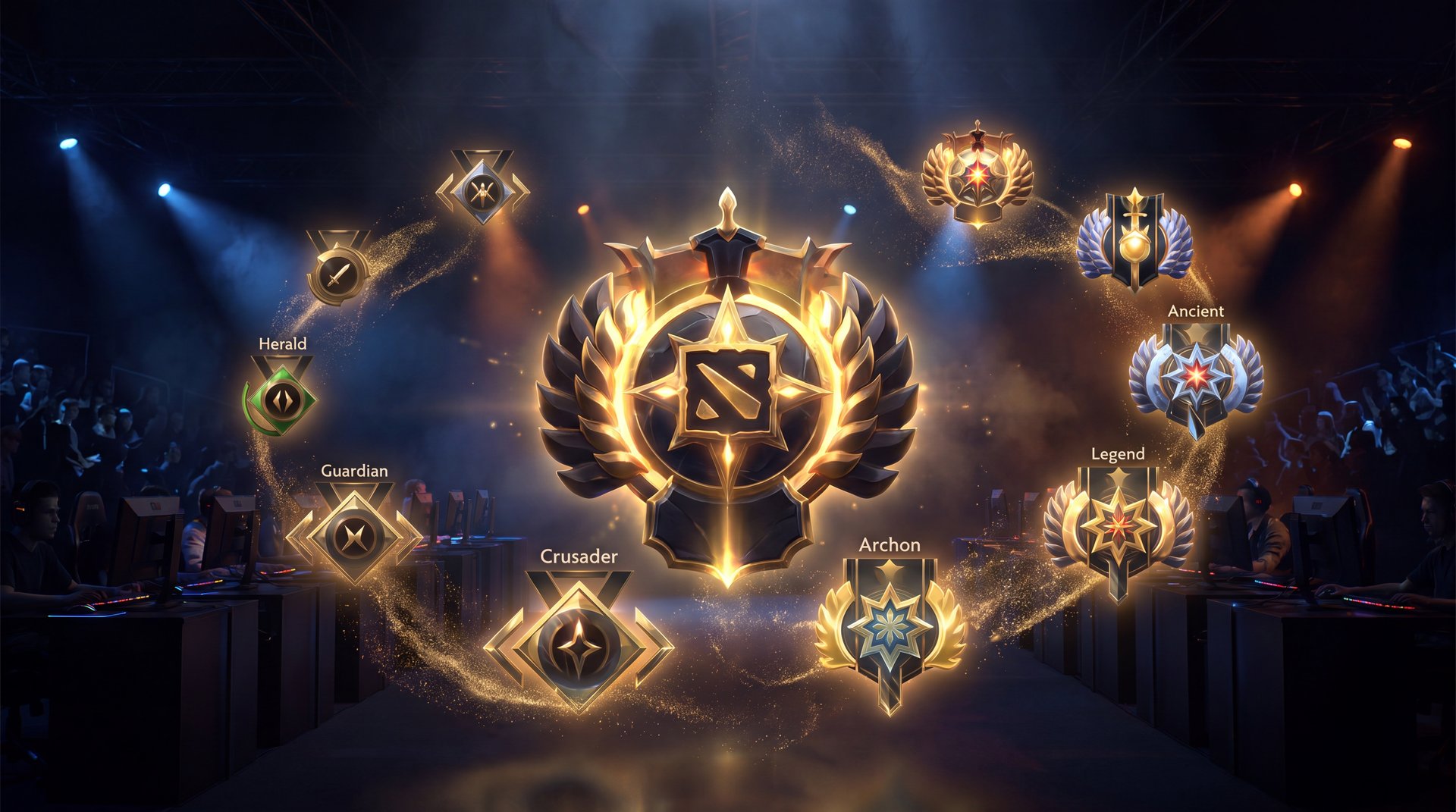 Dota 2 MMR rank medals glowing gold dark arena competitive boosting review 2026