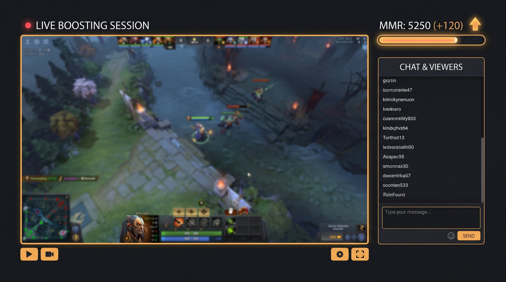 Live stream interface showing a Dota 2 boosting session with MMR tracker and viewer panel