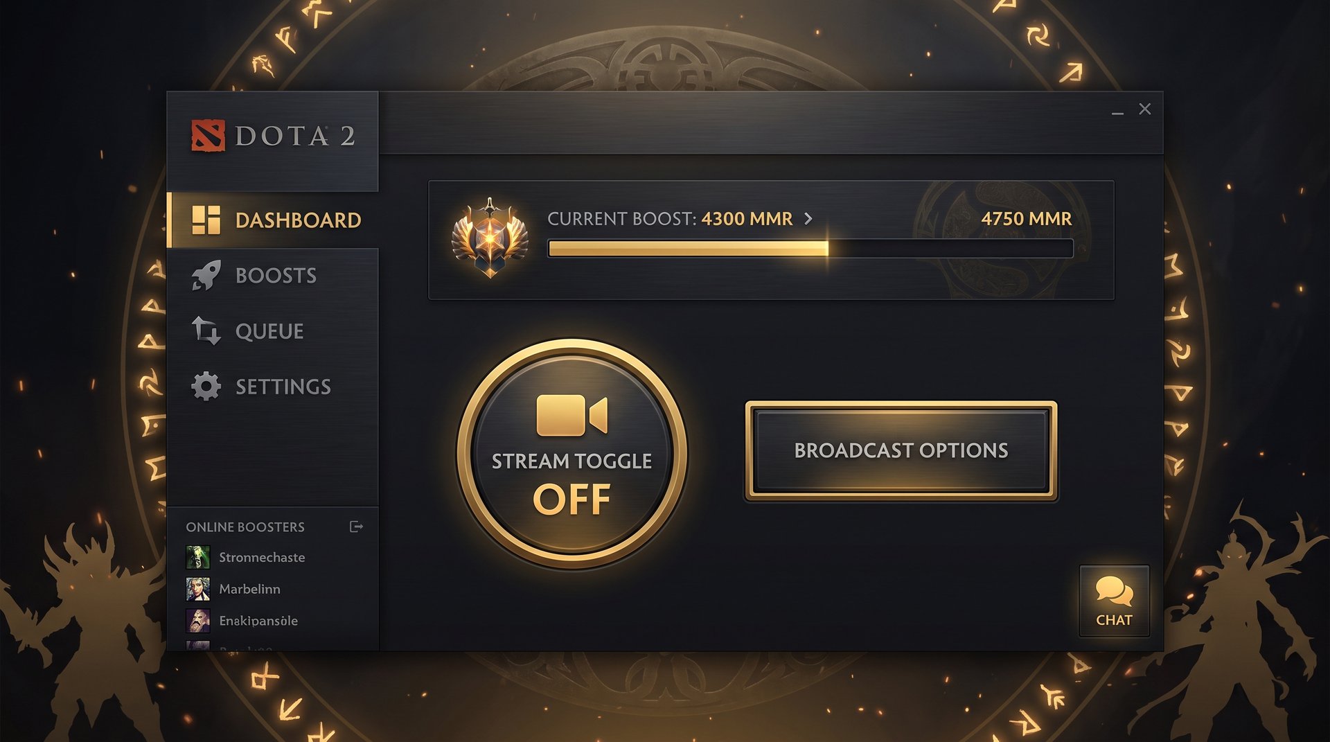 Dota 2 boosting service dashboard with streaming options and security settings