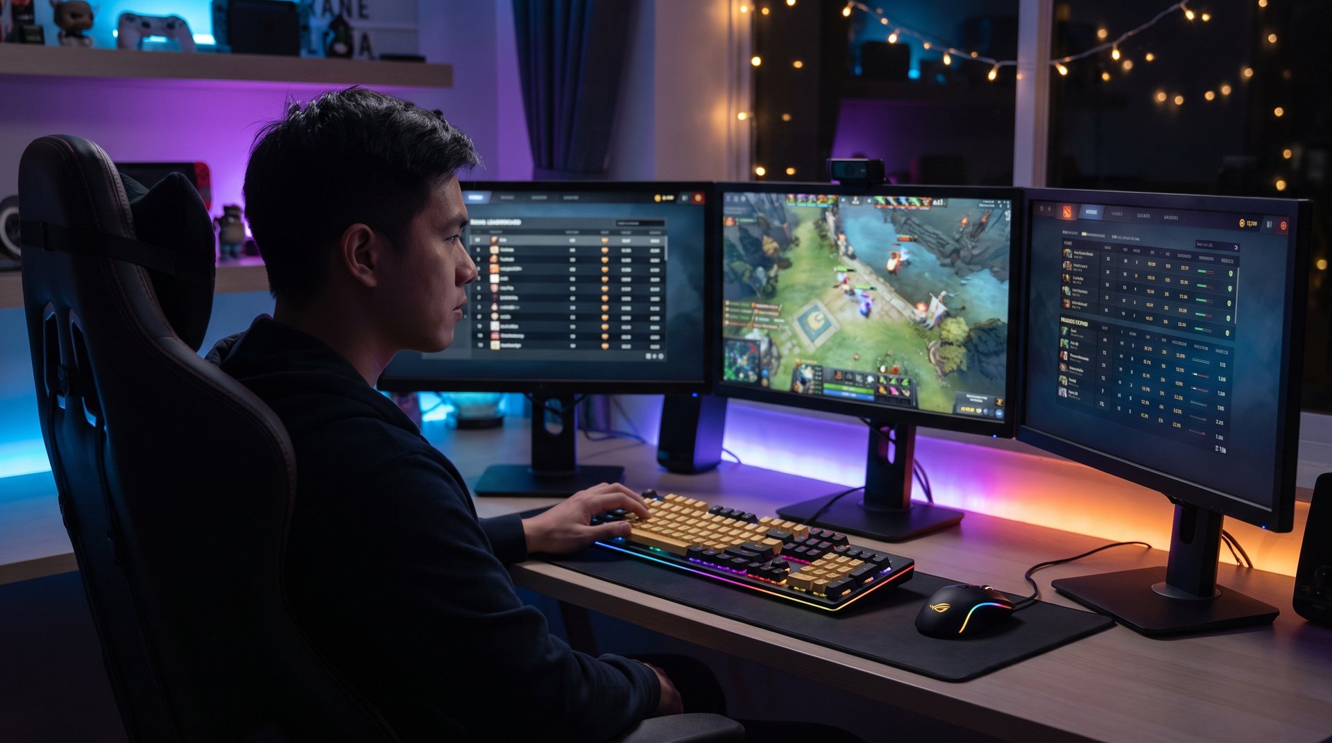 Professional Dota 2 booster at high-end gaming setup helping returning players recalibrate their MMR