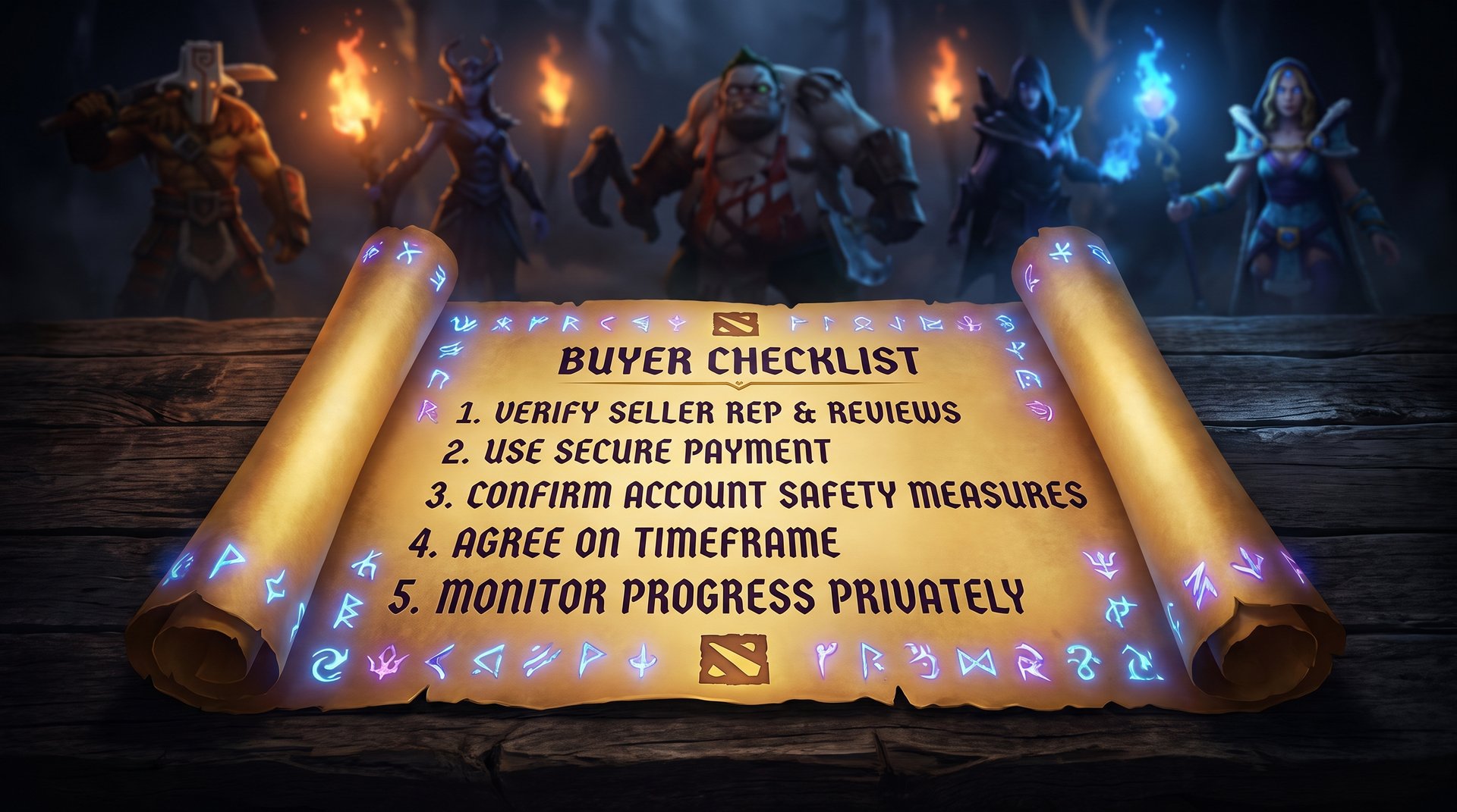 Dota 2 boost buyer checklist glowing parchment dark gaming aesthetic