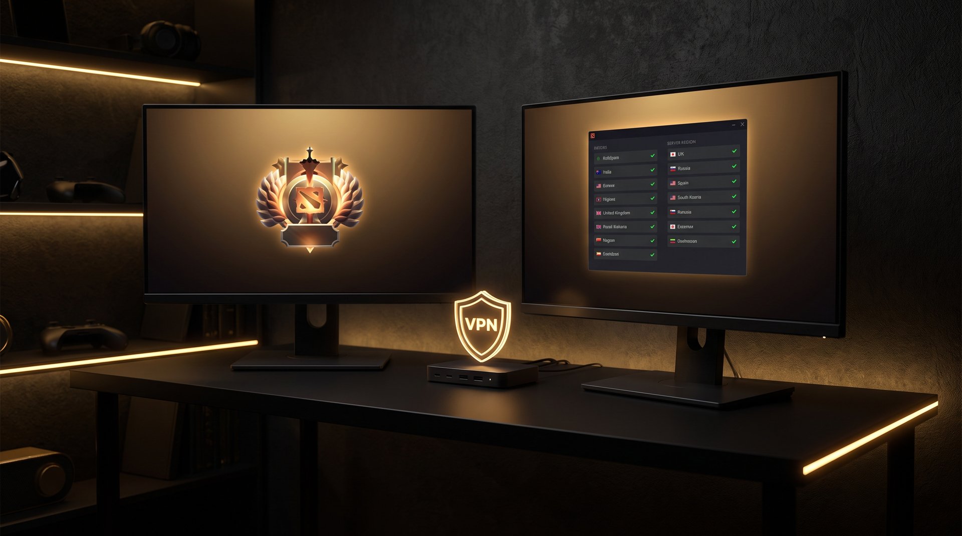 Dota 2 booster gaming setup with region selection interface and dual monitors showing rank progress