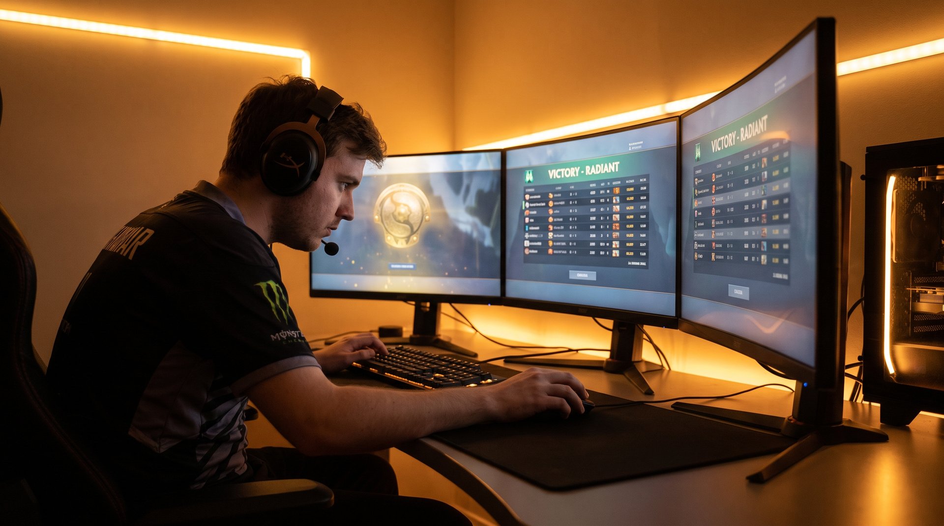 Professional Dota 2 booster gaming setup with multiple monitors showing victories