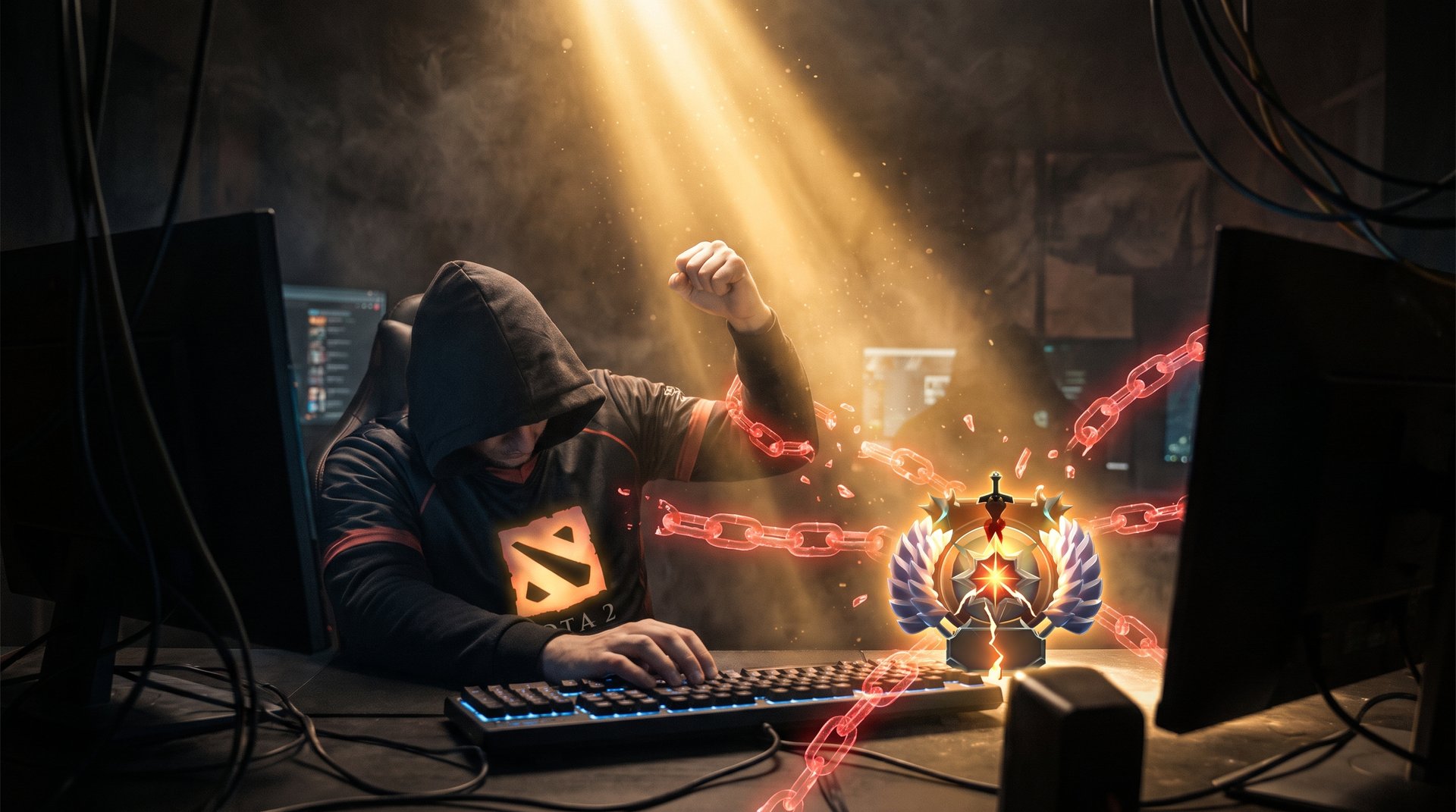 Dota 2 player breaking free from a losing streak with gold light and rank medal