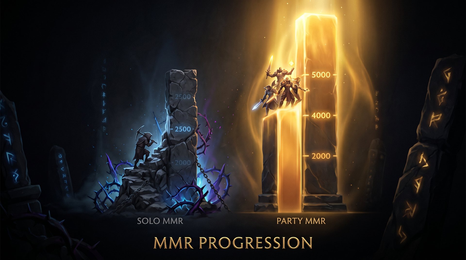 MMR bar graph comparison showing solo MMR climbing slowly versus party MMR rising steeply in Dota 2