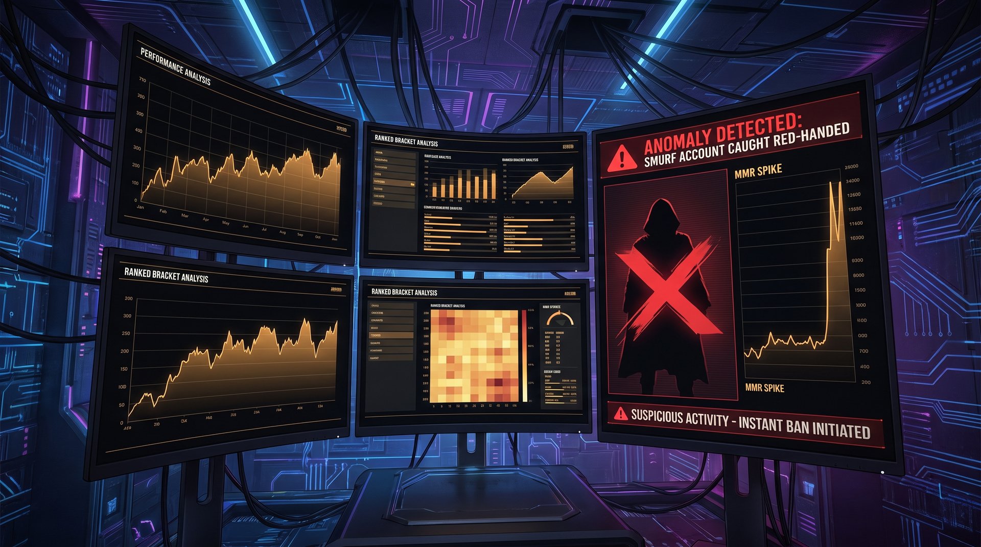 Dota 2 smurf detection system dashboard -- performance anomaly alerts and MMR spike analysis catching smurf accounts