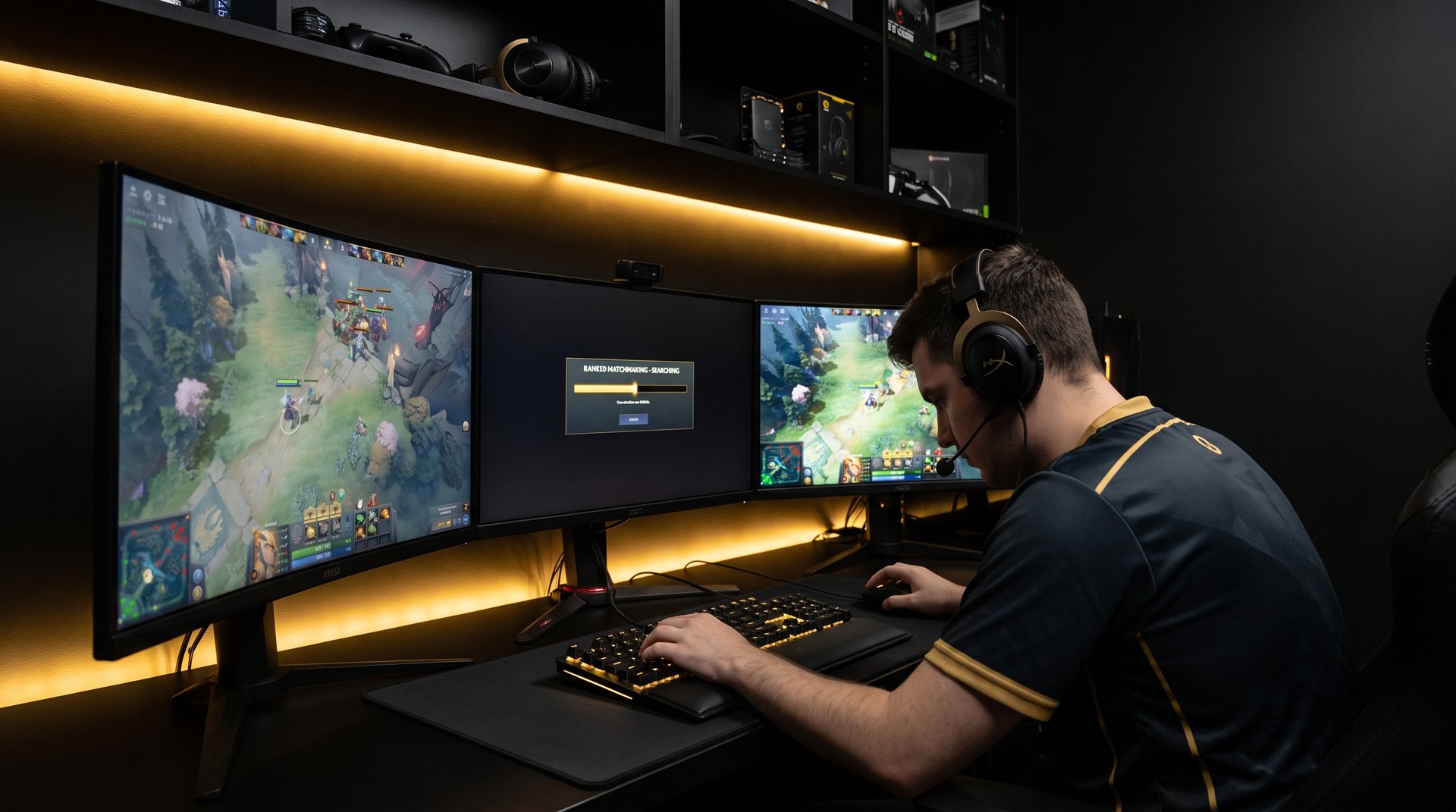Professional Dota 2 booster working on a client account with multiple monitors
