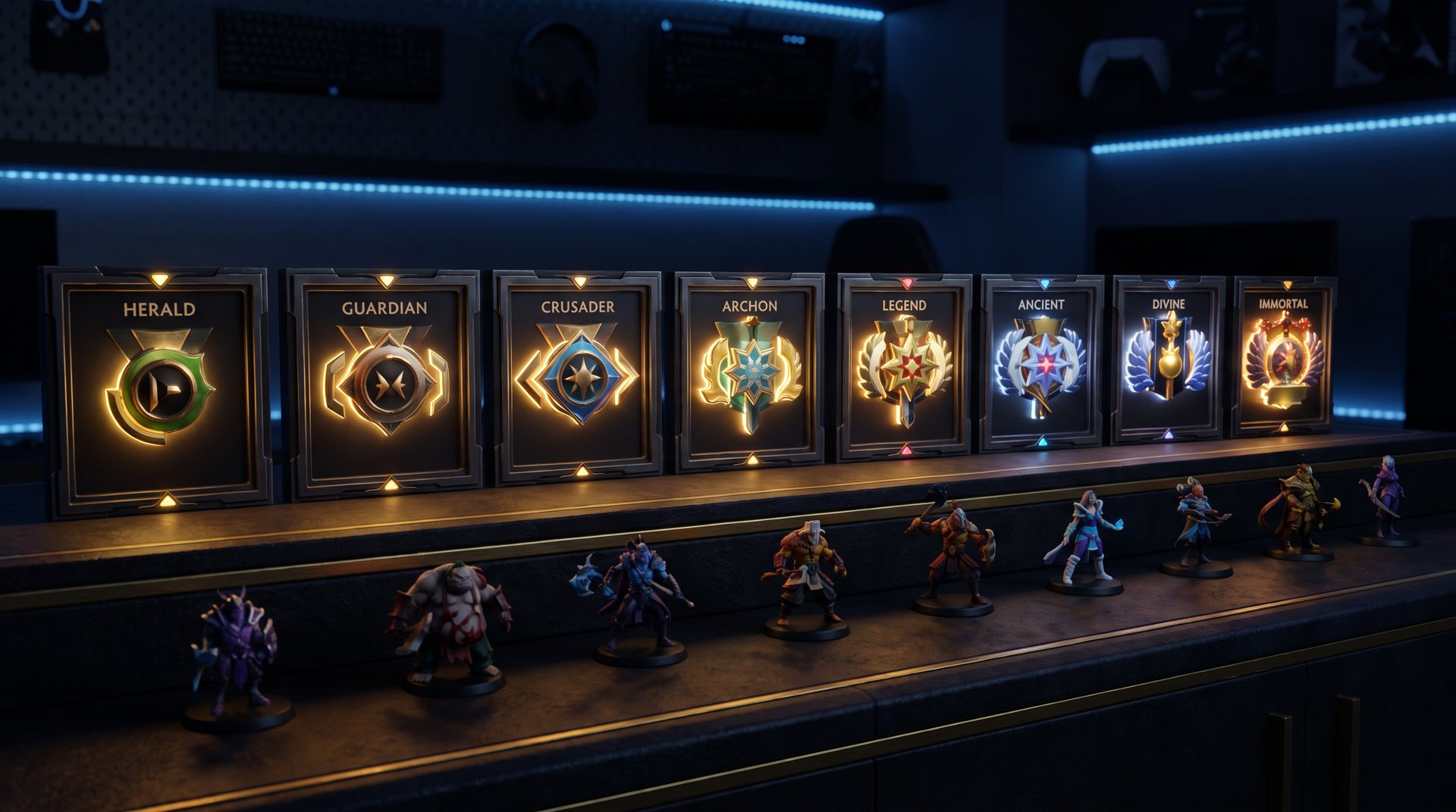 Dota 2 rank medals from Herald to Immortal