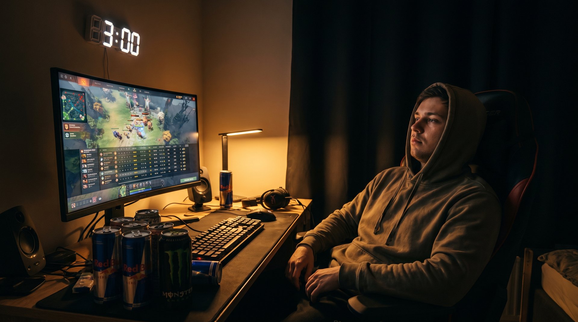 Dota 2 player grinding late into the night illustrating the long MMR climb