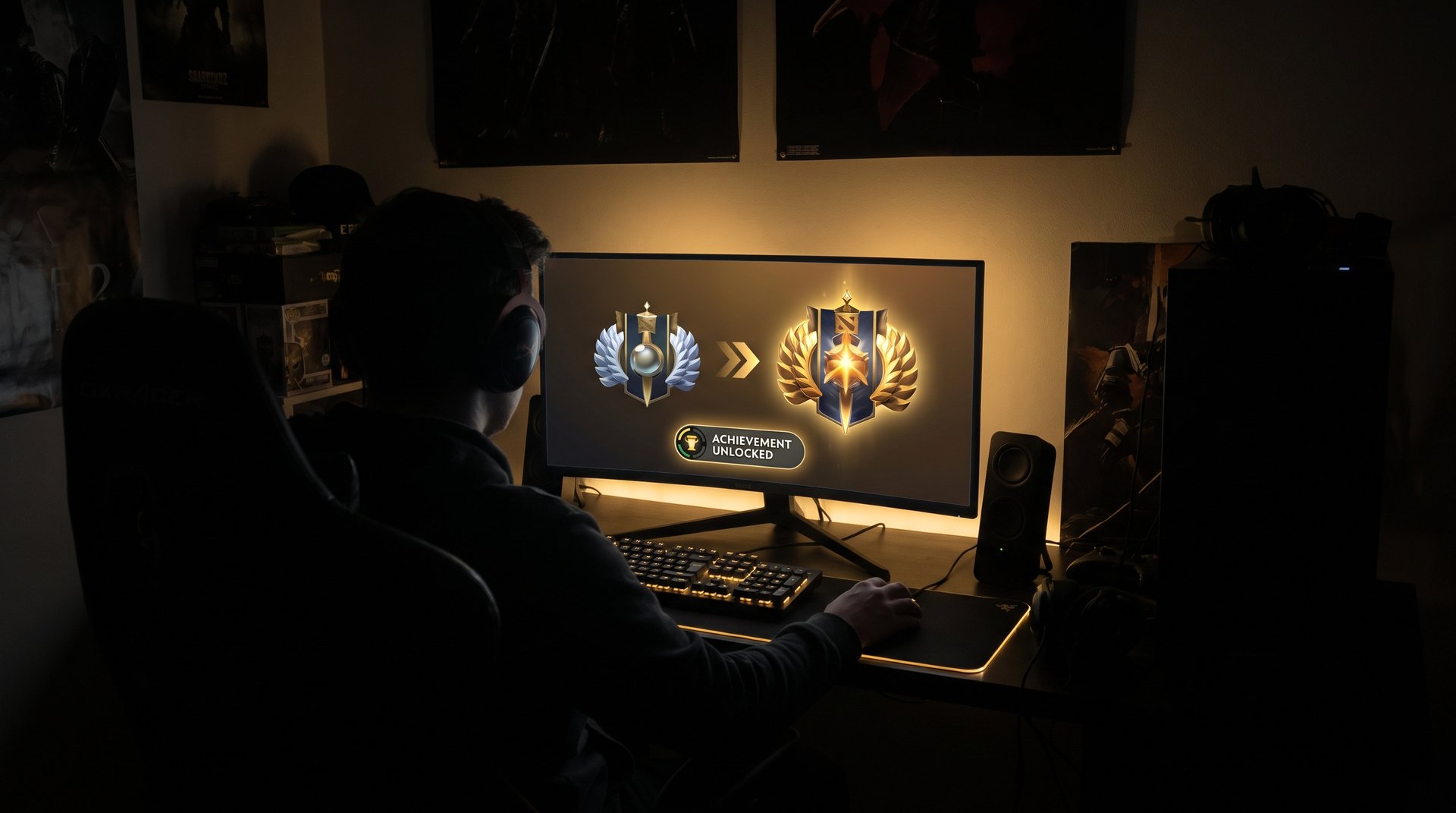Dota 2 player watching MMR climb progress on screen in dark gaming room