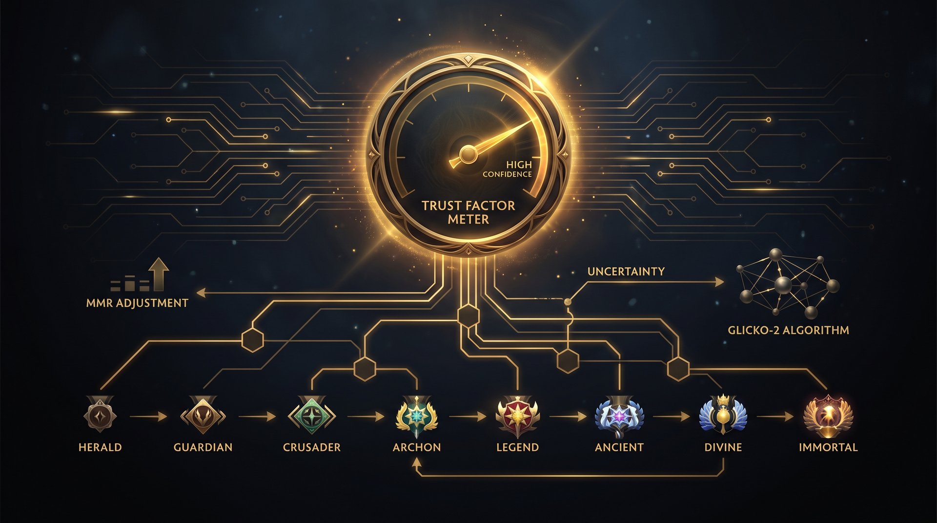 Dota 2 MMR confidence system and algorithm flow visualization