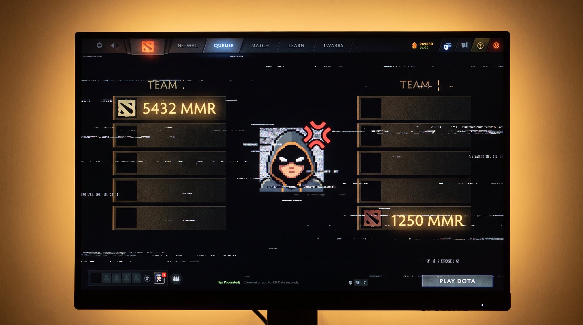 Dota 2 matchmaking queue interface with unbalanced team MMR shown in gold on dark background