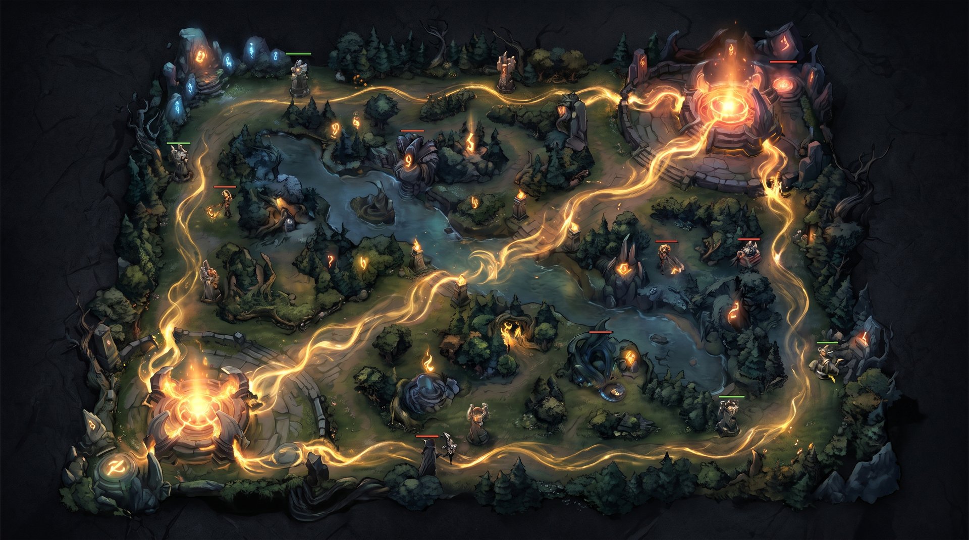 Dota 2 ancient map glowing with gold and amber energy, top-down battlefield view