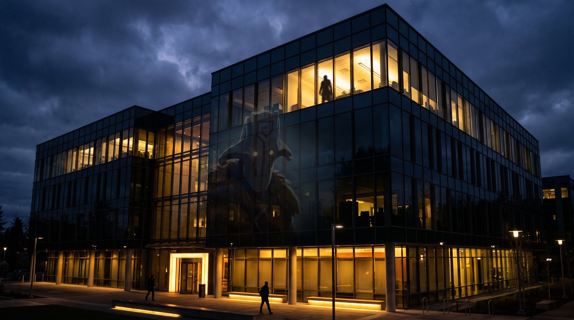Valve headquarters building at night with mysterious silhouette visible through illuminated window