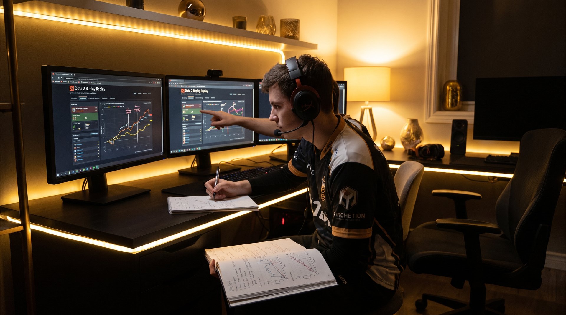 Dota 2 player doing deliberate practice with replay review and coaching -- the method that actually improves MMR