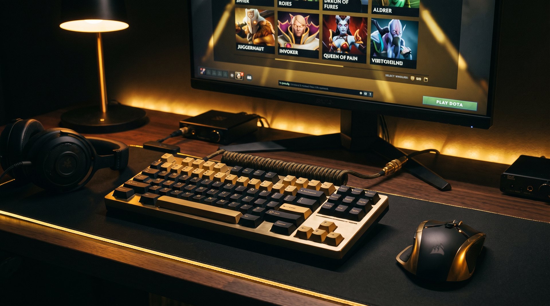 Professional Dota 2 booster at multi-monitor gaming setup in dark room with gold lighting