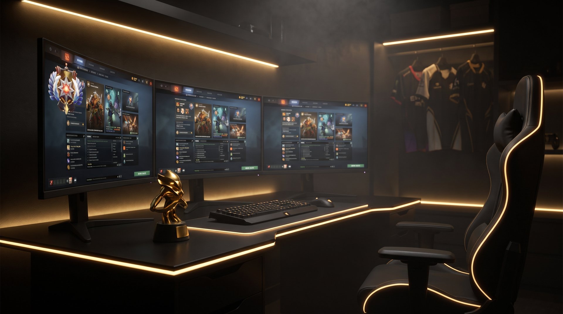 Dark gaming room with high-MMR Dota 2 ranked match on screen, gold accents, professional booster environment