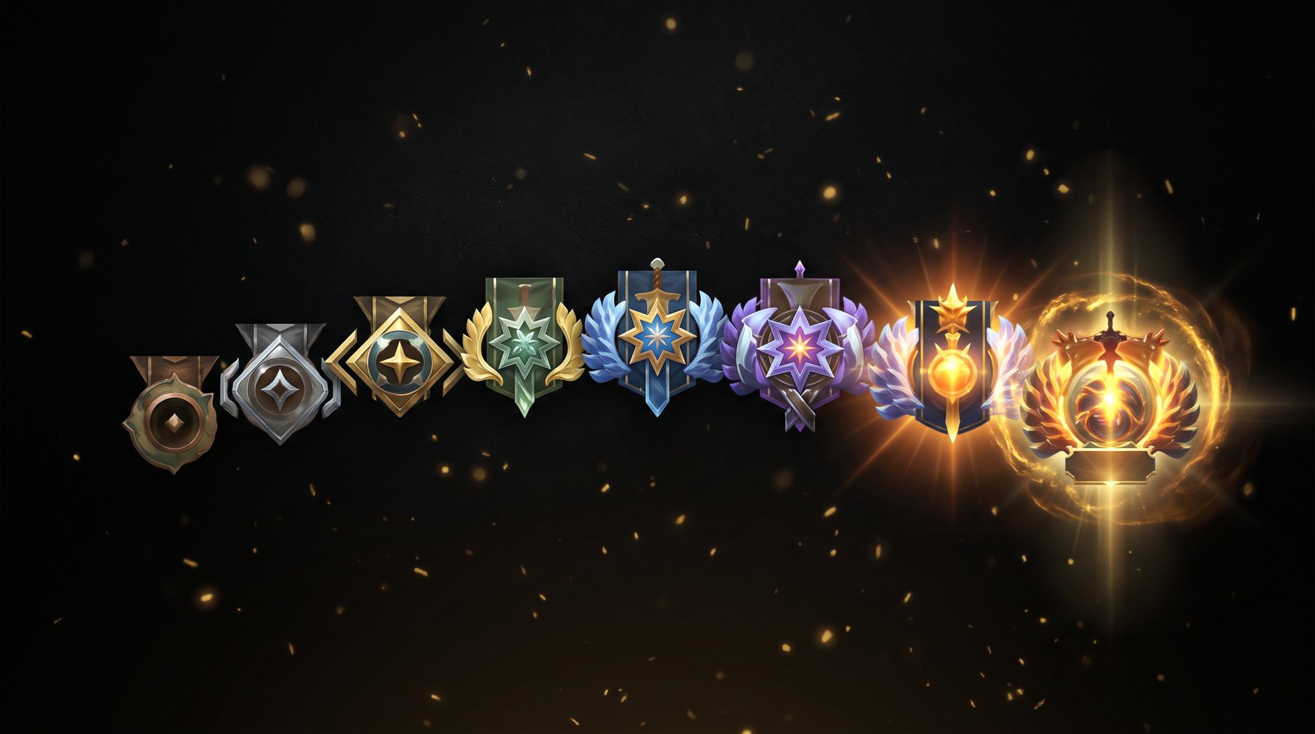 Dota 2 rank medals from Herald to Immortal showing the MMR tiers boosters work across
