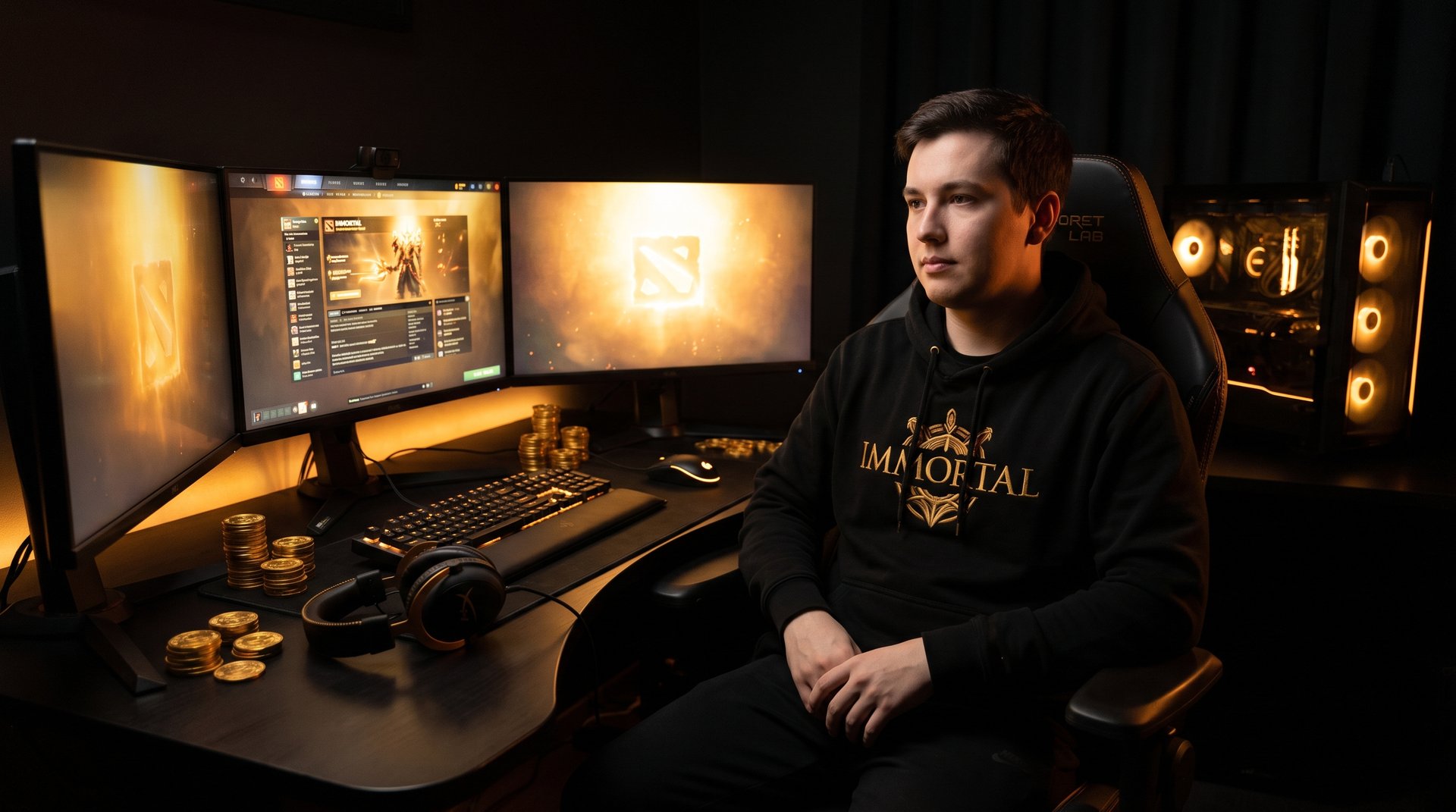 Professional Dota 2 booster gaming setup with multiple monitors and gold ambiance
