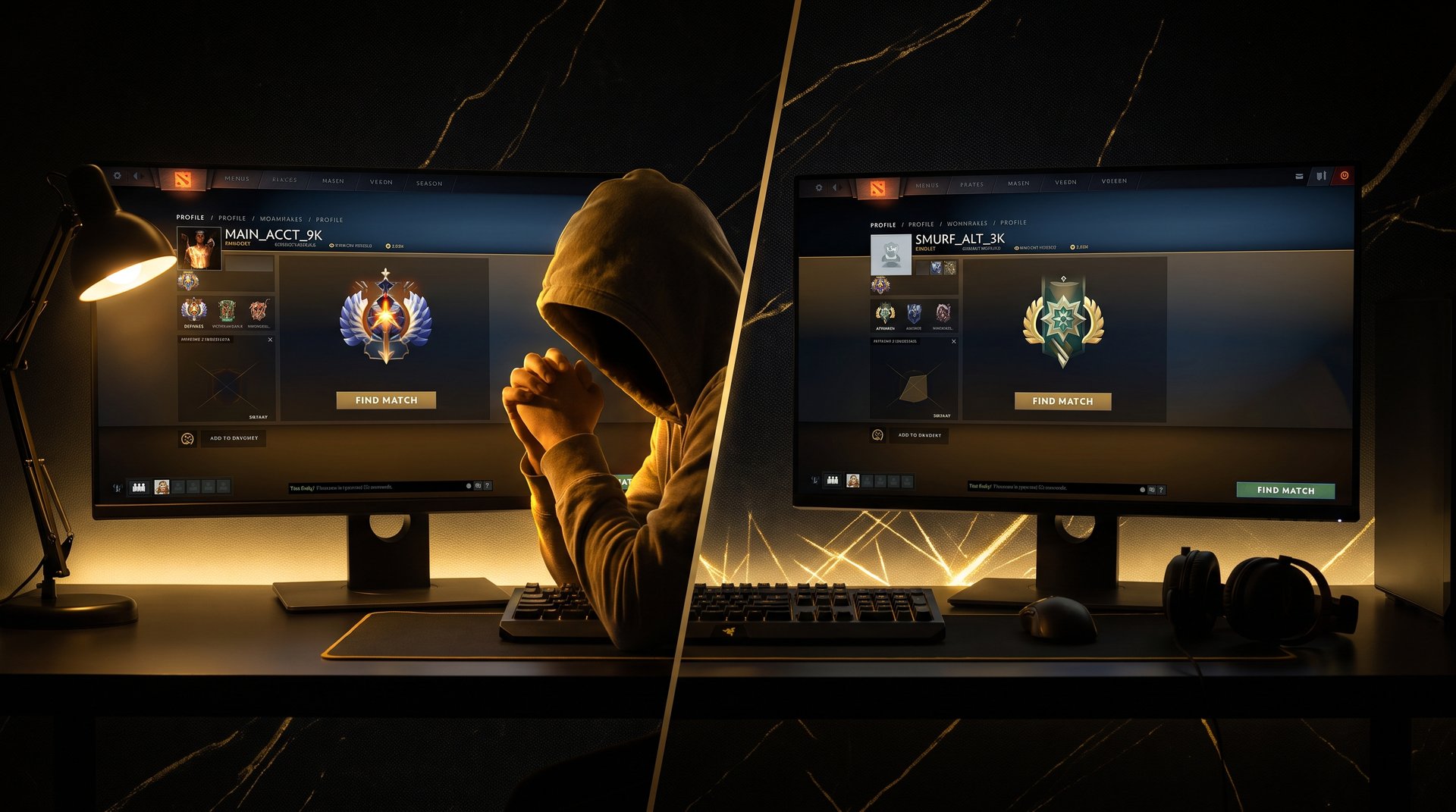 Split screen showing main account versus smurf account in Dota 2 ranked play