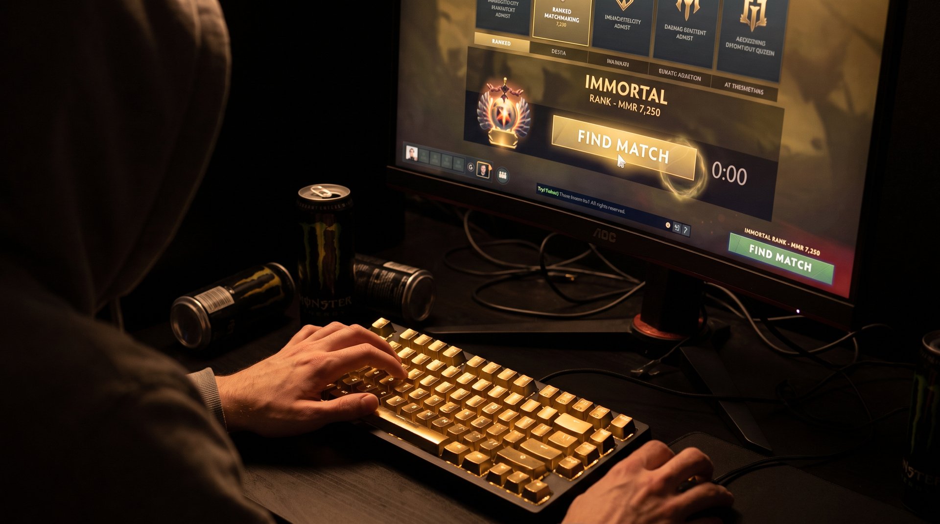 Dota 2 ranked matchmaking screen with hesitant player hands over keyboard