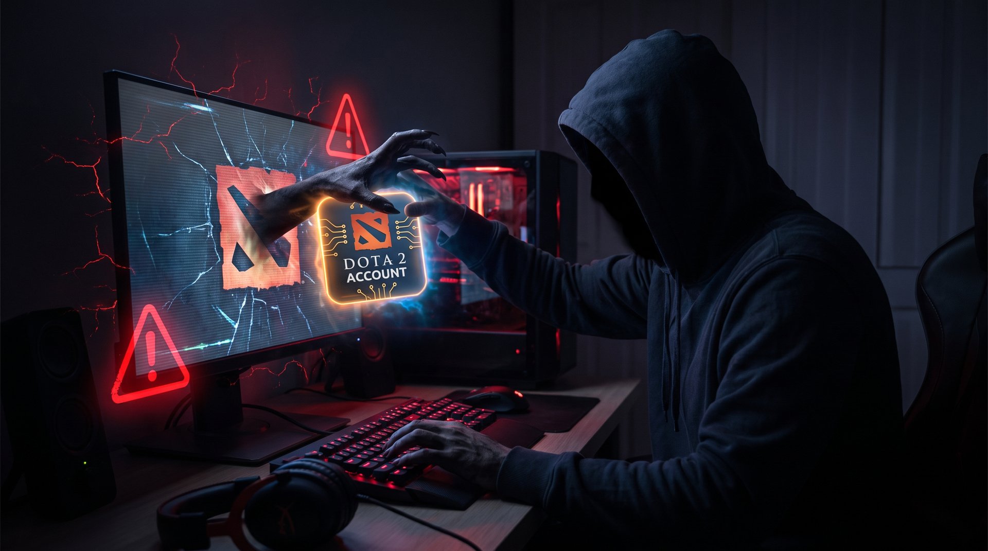 Hooded scammer stealing a Dota 2 account -- account buying scam horror story