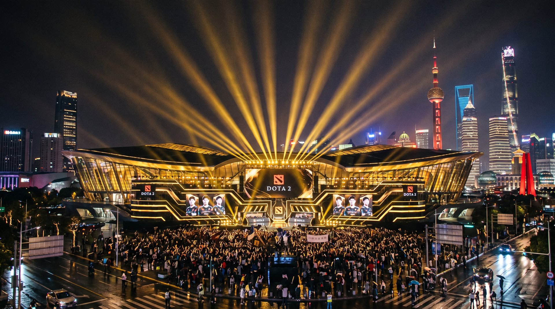SPD Bank Oriental Sports Center Shanghai illuminated in gold for The International 2026 Dota 2 event