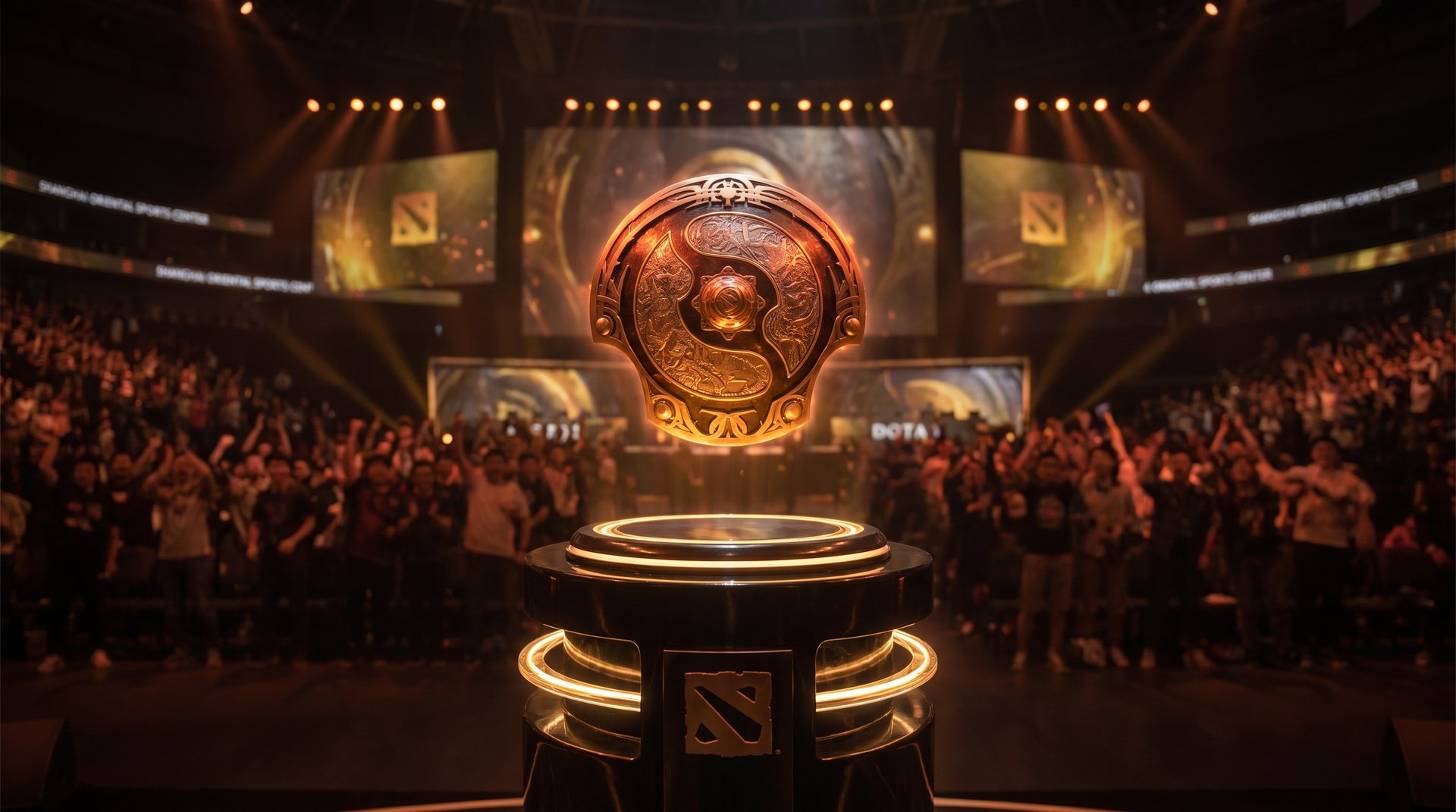 Aegis of Champions TI 2026 trophy glowing gold in Shanghai arena atmosphere
