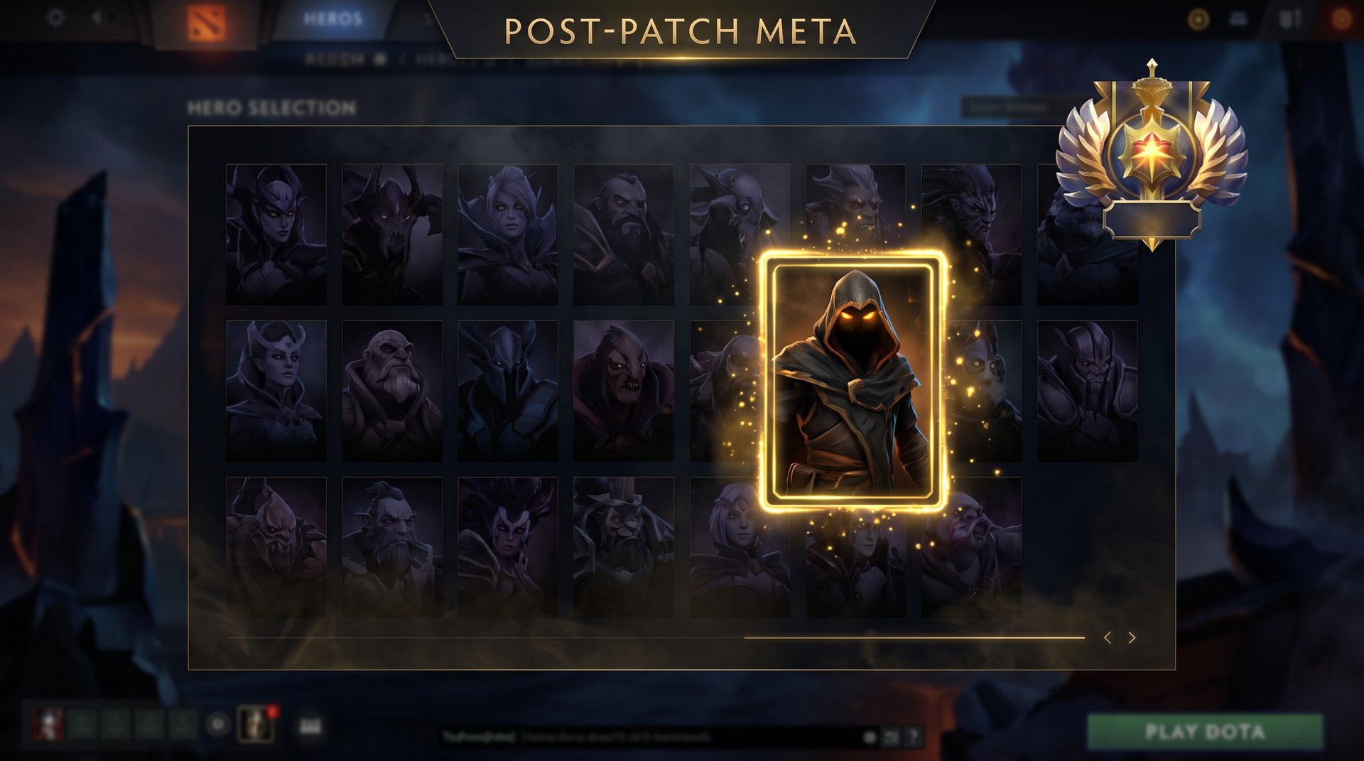 Dota 2 hero selection screen showing post-patch meta hero picks highlighted in gold