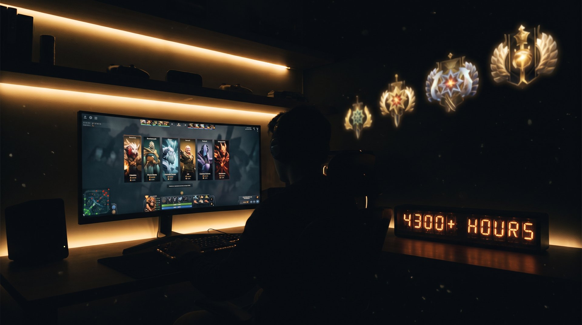 Dota 2 player at gaming PC with rank medals and hourly progression visible in background