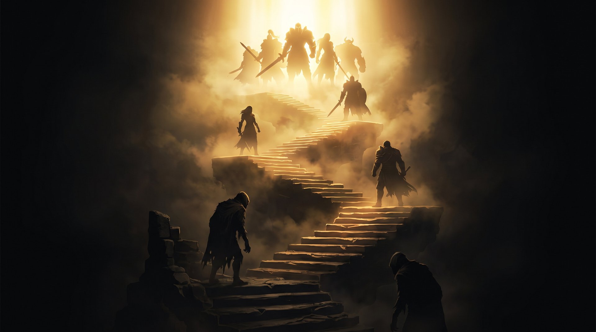 Glowing rank ladder in Dota 2 style from Herald to Immortal with ascending golden light
