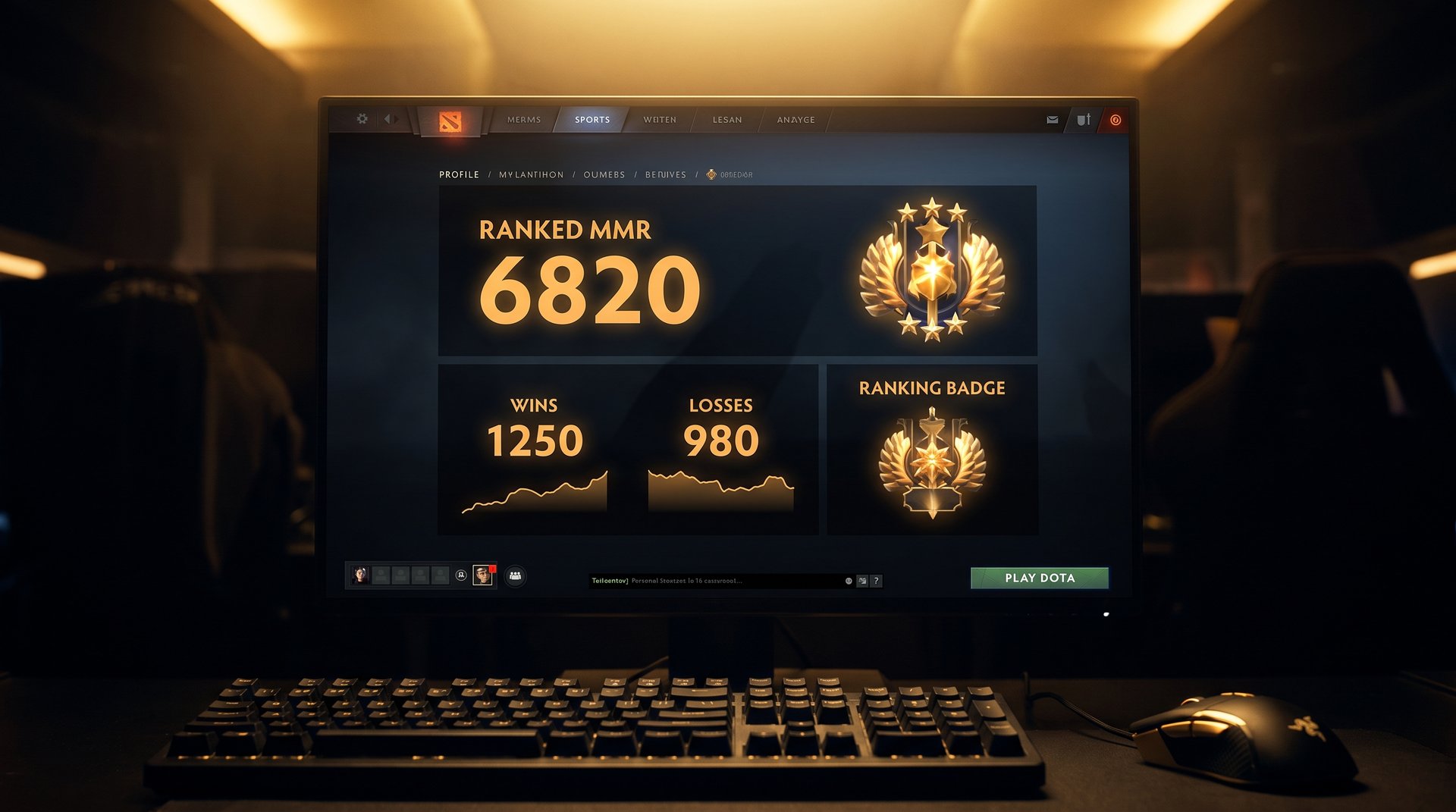 Dota 2 ranked profile showing MMR statistics and win-loss history on dark gaming interface with gold accent colors