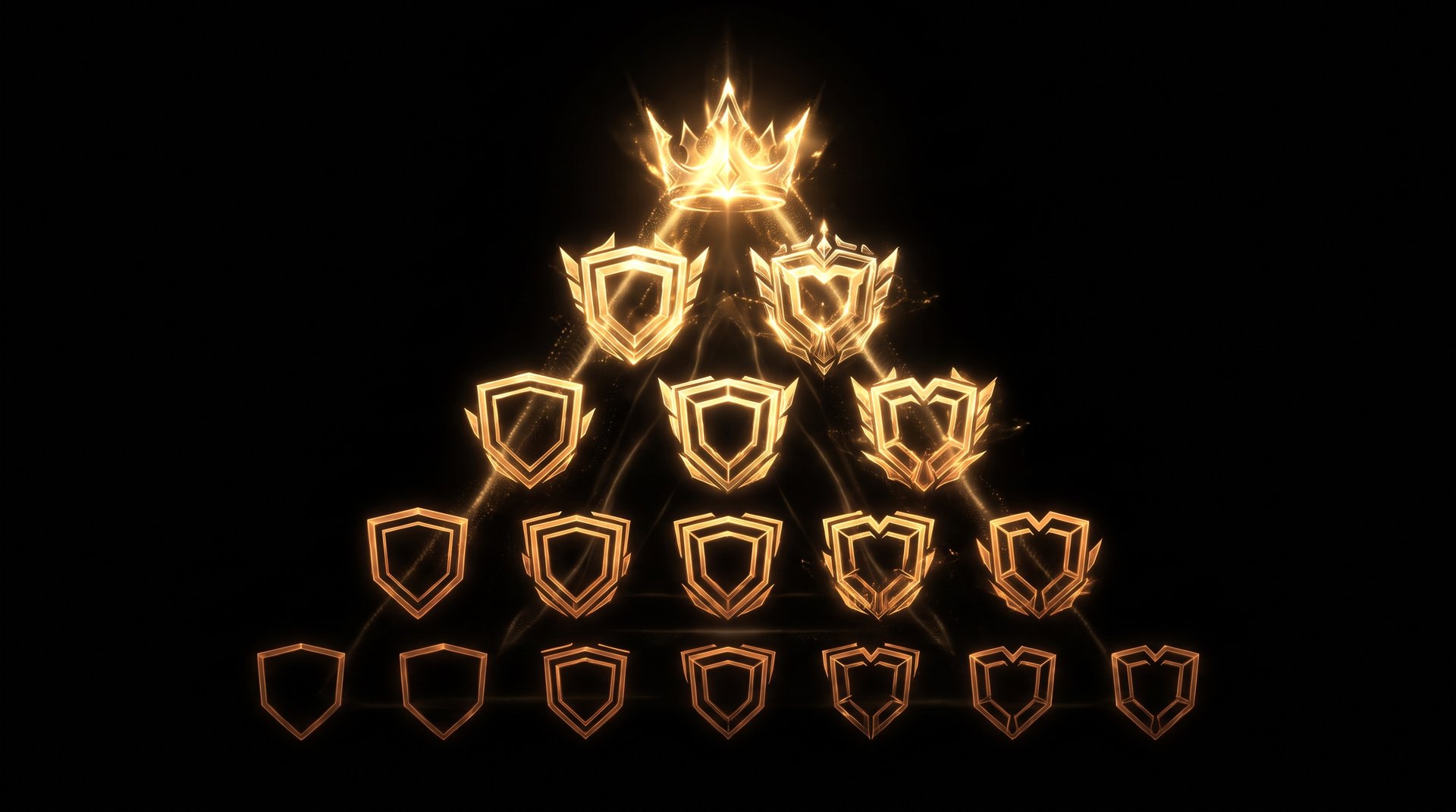 Dota 2 rank medal system -- rank shields arranged in ascending pyramid from Herald to Titan level Immortal