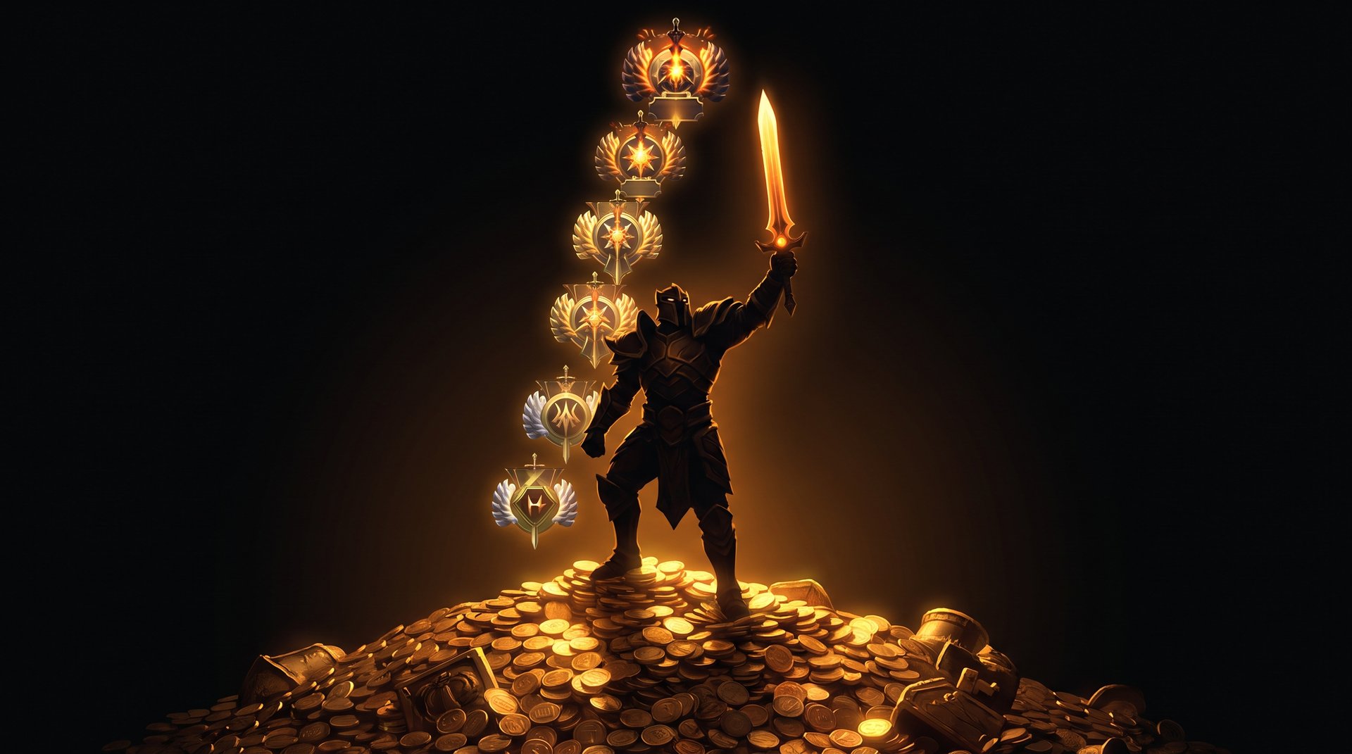 Dota 2 carry hero climbing MMR ranks with gold coin stack and rank medals