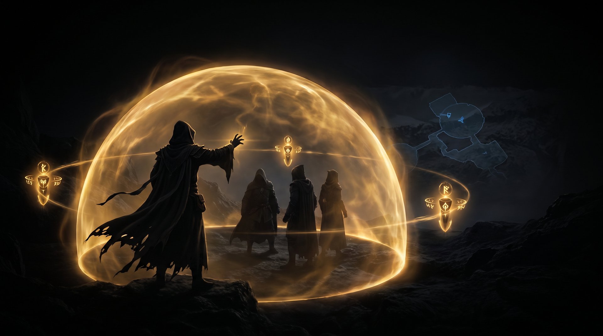 Dota 2 support hero casting protective aura over teammates with ward totems providing map vision