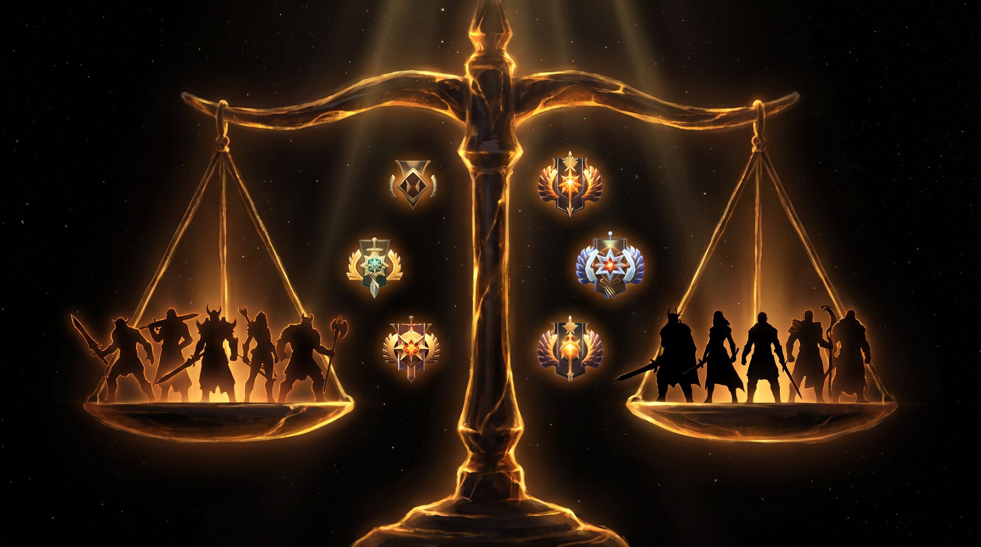 Dota 2 matchmaking balance visualization showing two teams on opposite sides, dark gold aesthetic