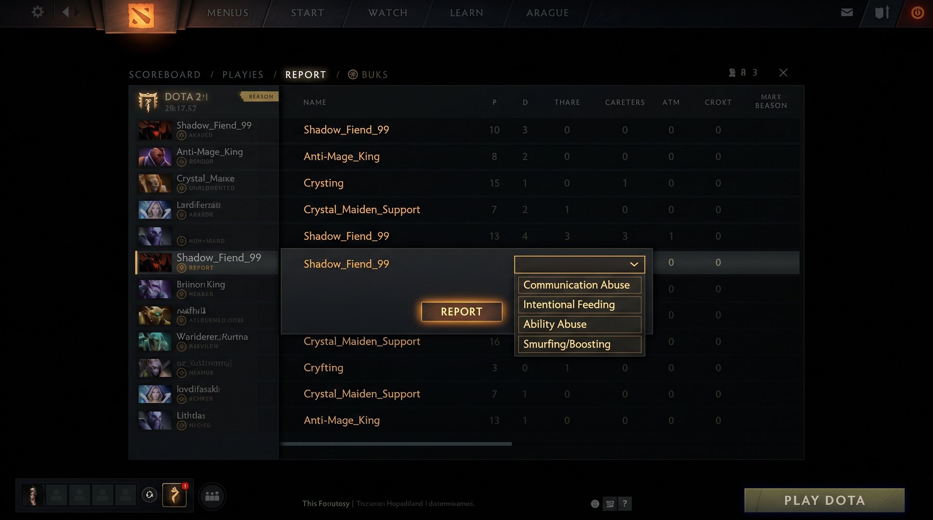 Dota 2 in-game report menu showing report categories including toxic chat toxic voice and griefing