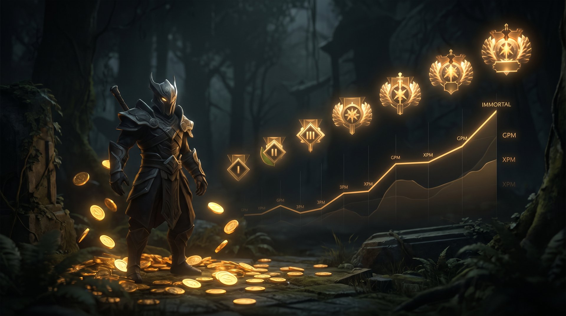 Dota 2 rank bracket medals from Herald to Immortal with KDA performance expectations per rank