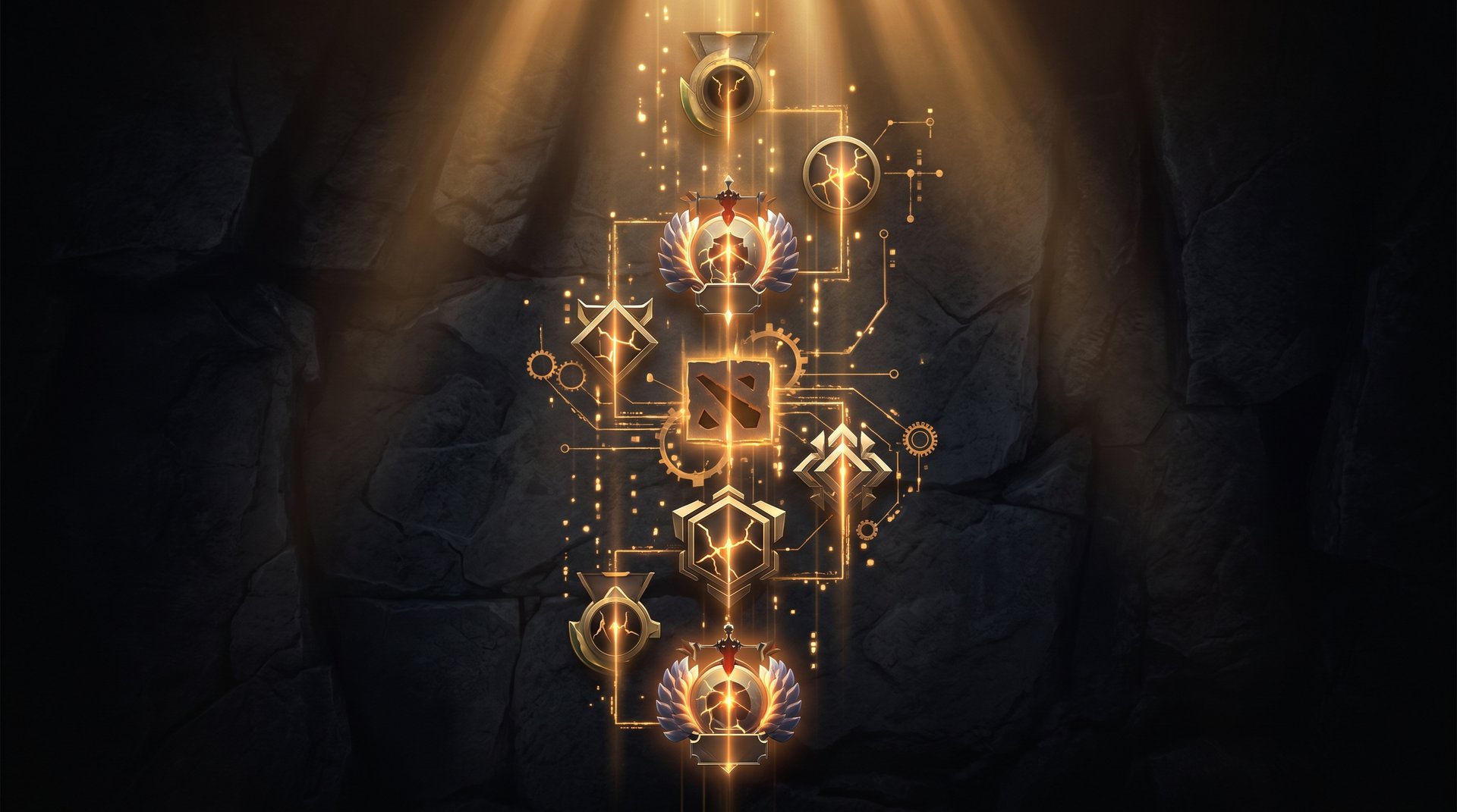 Dota 2 rank tiers from Herald to Immortal with gold accent highlights on dark background
