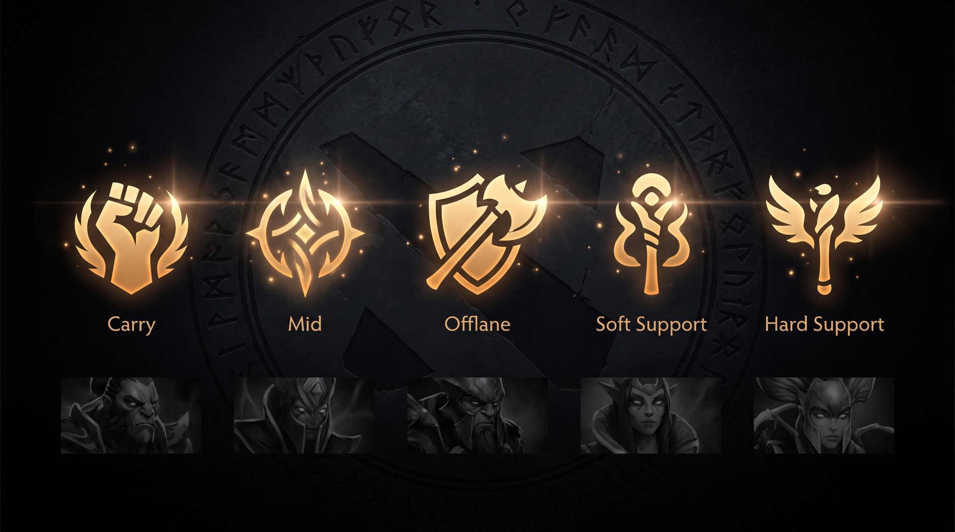 Five Dota 2 role positions shown as glowing icons on a dark strategic background with gold accents