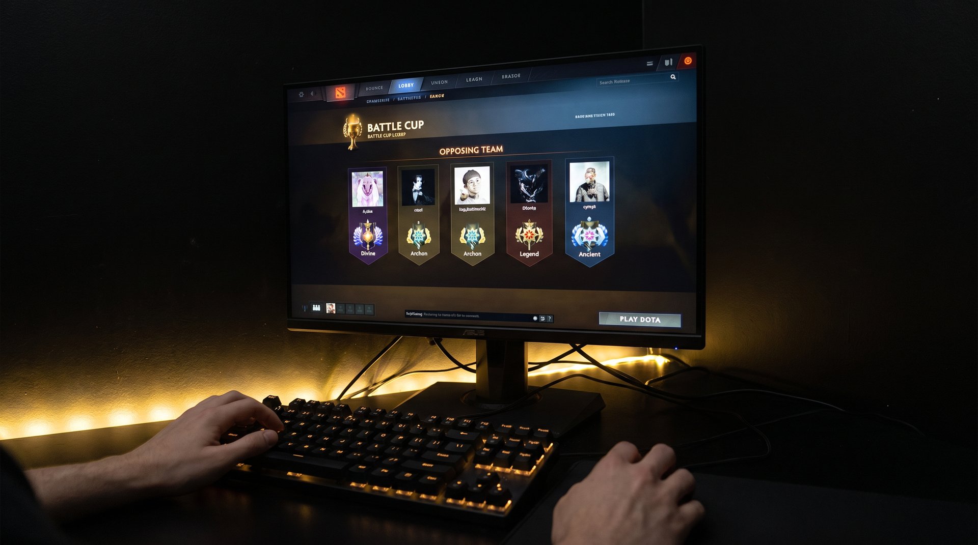 Dota 2 lobby showing players with different rank badges matched together