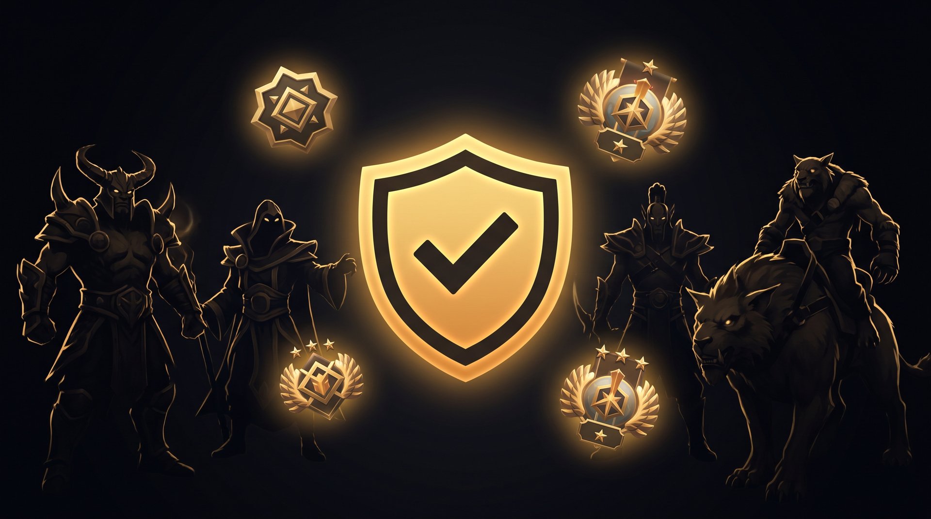 Gold shield representing safe Dota 2 MMR boosting service as alternative to risky account buying