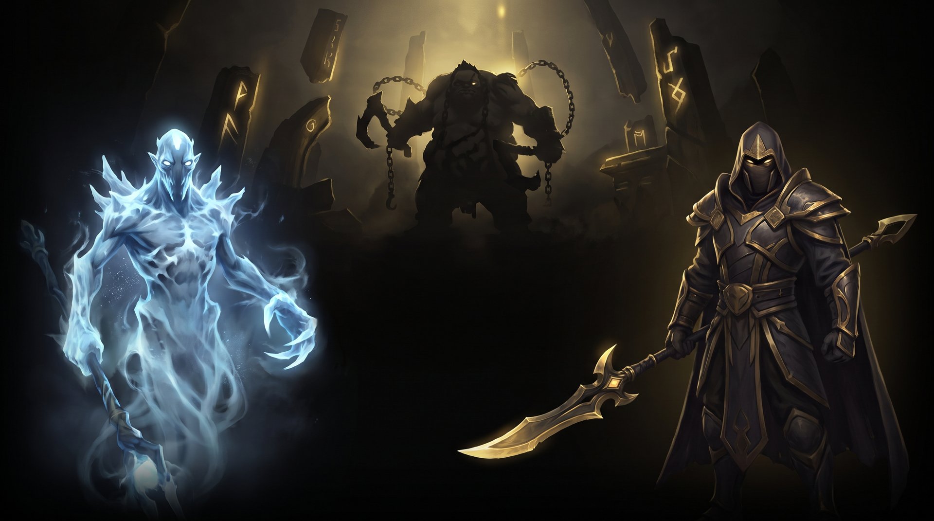 Best counter heroes against Pudge in Dota 2 -- Ancient Apparition, Silencer, and Abaddon shown in dark gold gaming aesthetic