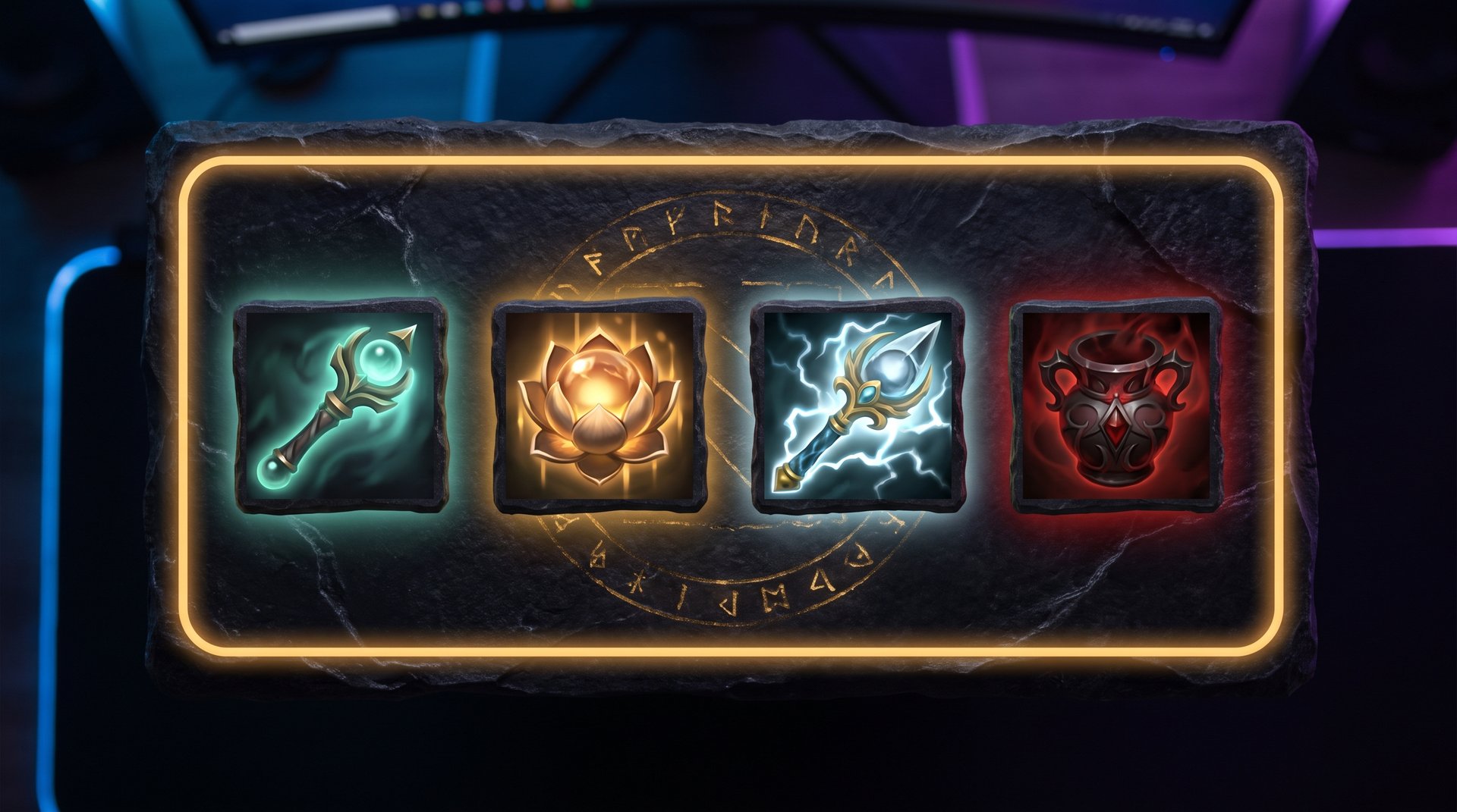 Best items to counter Pudge in Dota 2 -- Force Staff, Lotus Orb, Eul's Scepter on dark background with gold accents