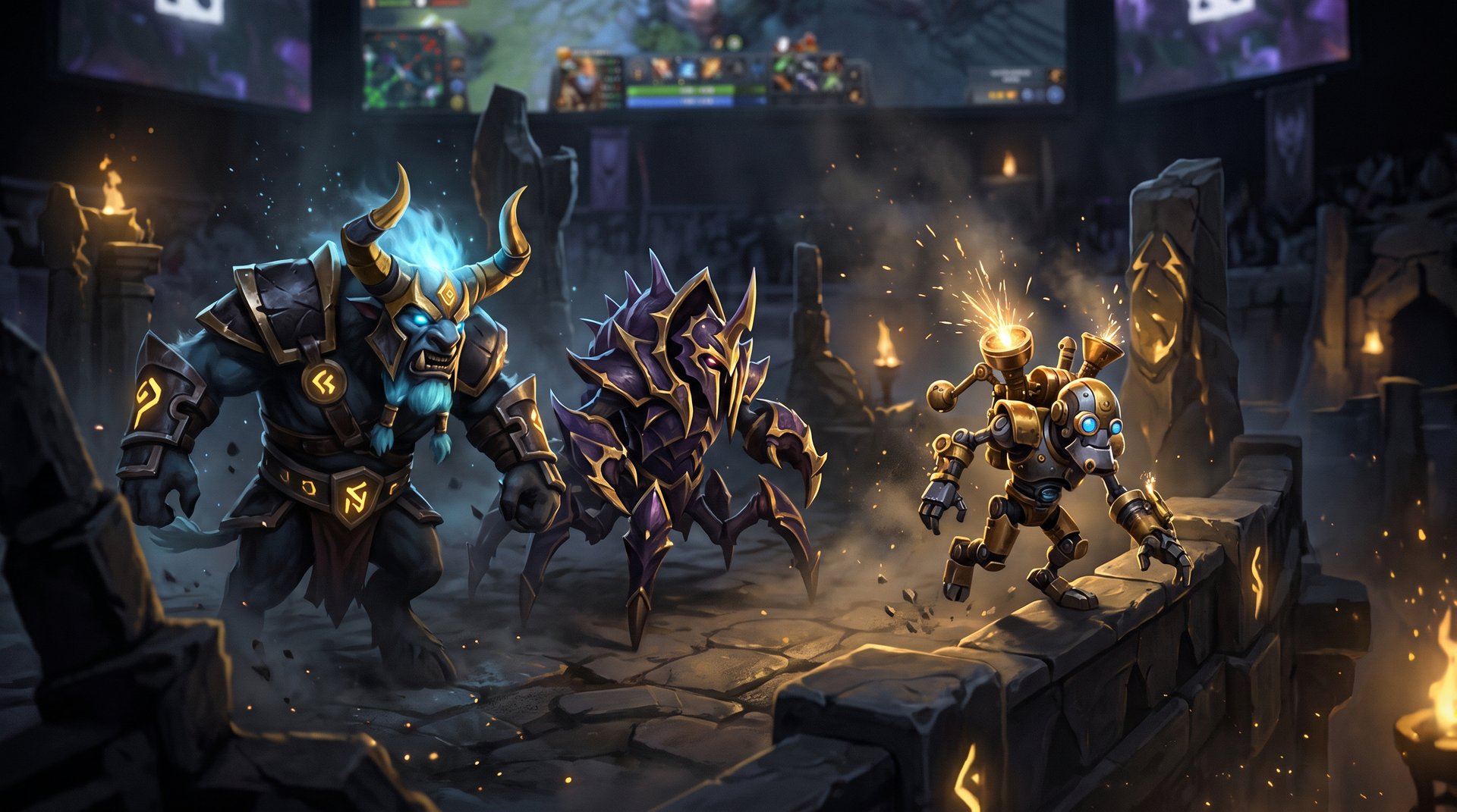 Tinker deploying mechanical turrets in a dark Dota 2 battlefield with gold accents