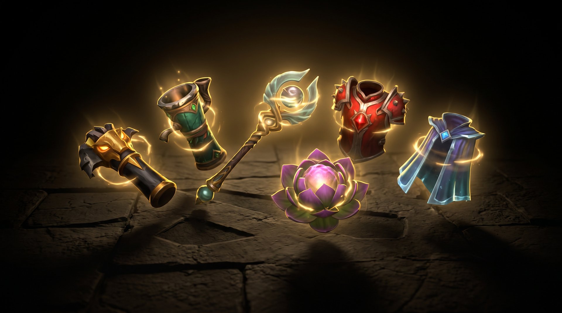 Dota 2 items that counter Invoker -- Black King Bar, Pipe of Insight, and Eul's Scepter glowing on dark surface