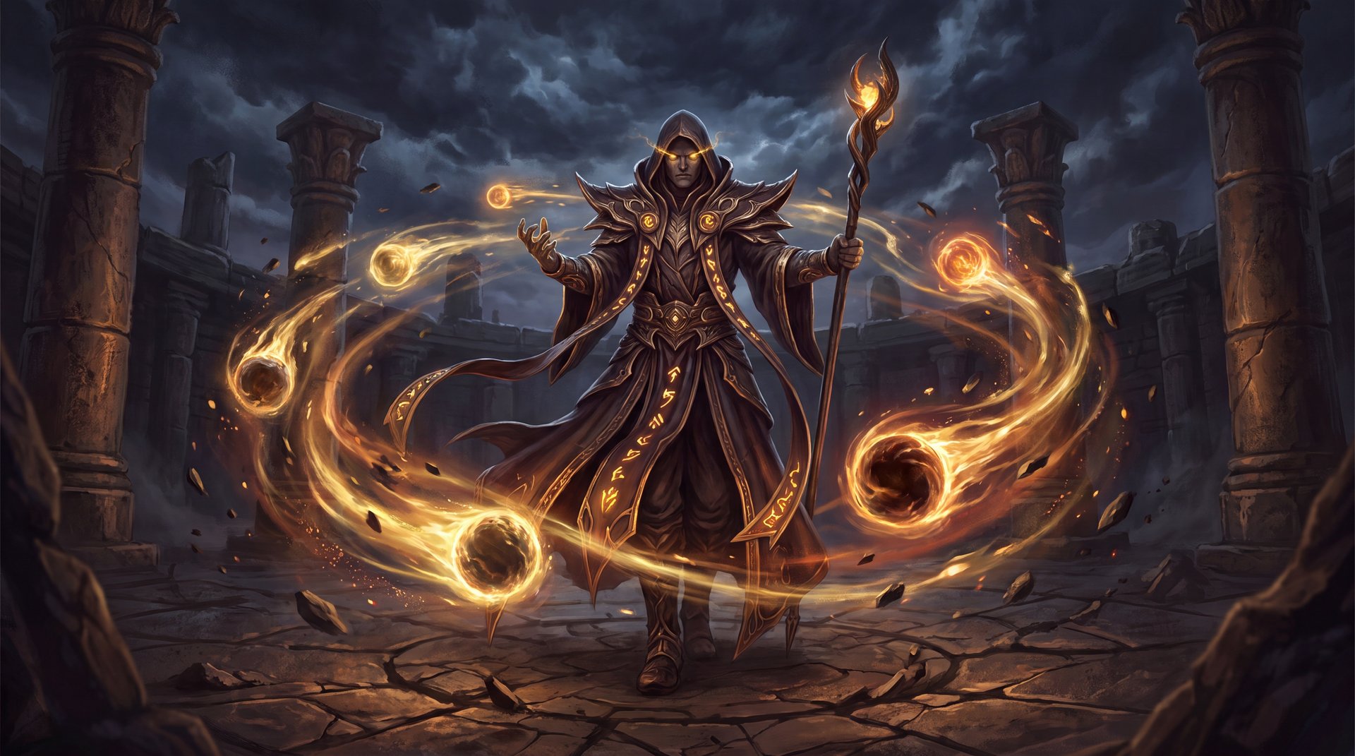 Invoker surrounded by elemental orbs in a dark Dota 2 arena, counter guide hero image