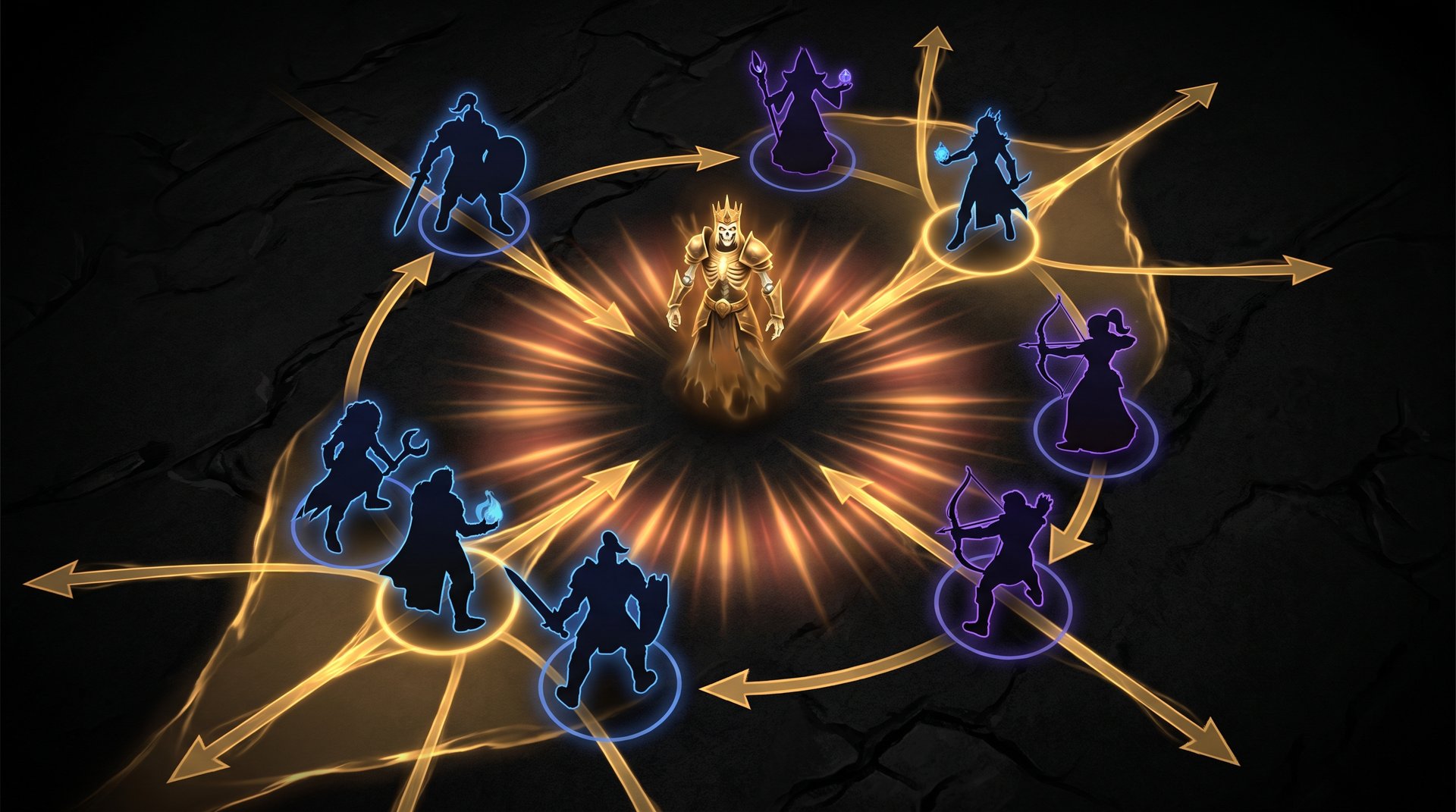 Counter heroes surrounding Wraith King in Dota 2 -- tactical strategy art